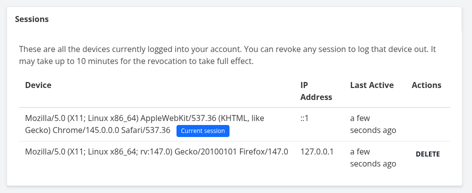 Session management in the user settings